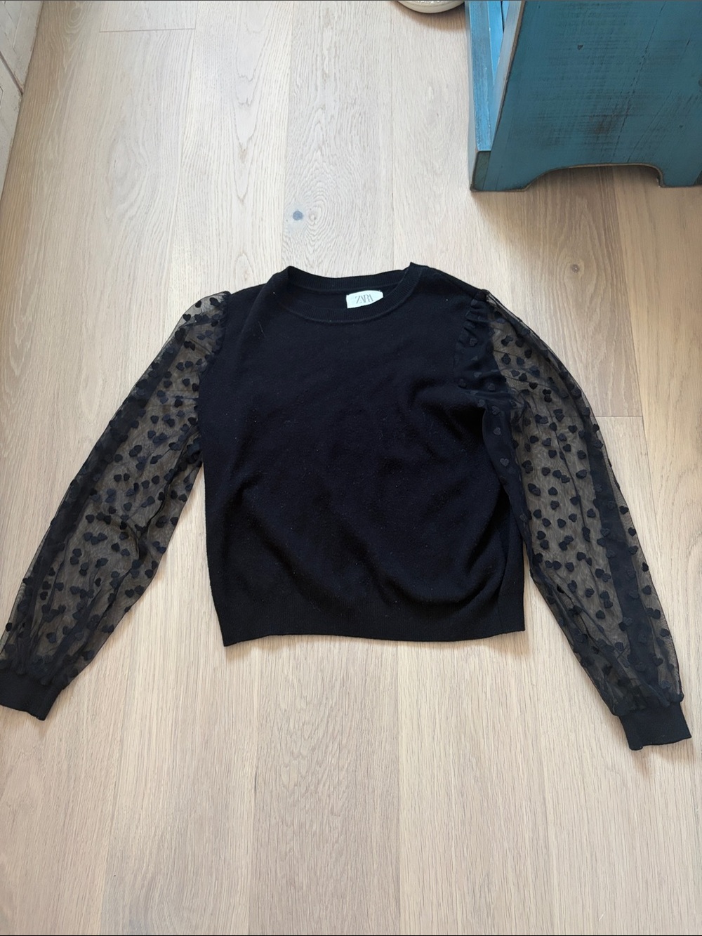 Zara Kids Black Knit Top with Sheer Polka Dot Heart Sleeves